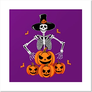 Skeleton with Top Hat and Pumpkins Posters and Art